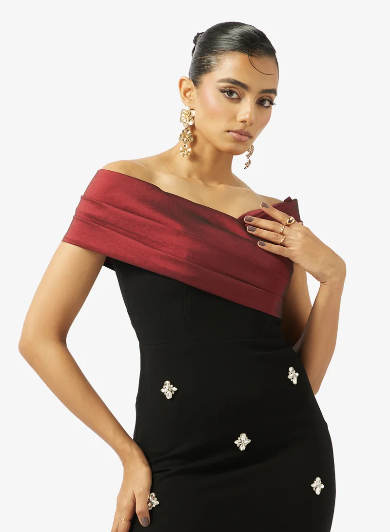 Akadia Fashion  DRAPED CROSS BUST BEADED CREPE DRESS for Women | Best Price UAE